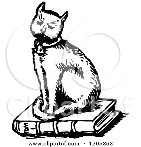 Clipart of a Vintage Black and White Cat Sitting on a Book - Royalty Free Vector Illustration by Prawny Vintage