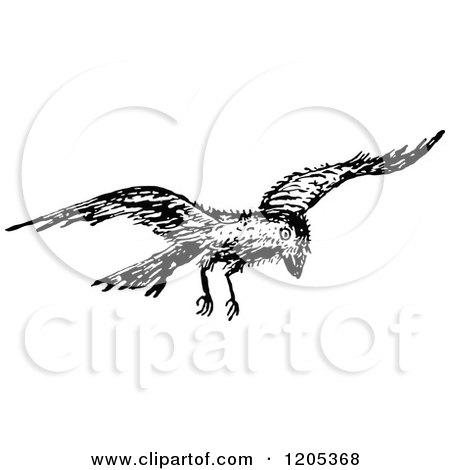 Clipart of a Vintage Black and White Flying Raven - Royalty Free Vector Illustration by Prawny Vintage