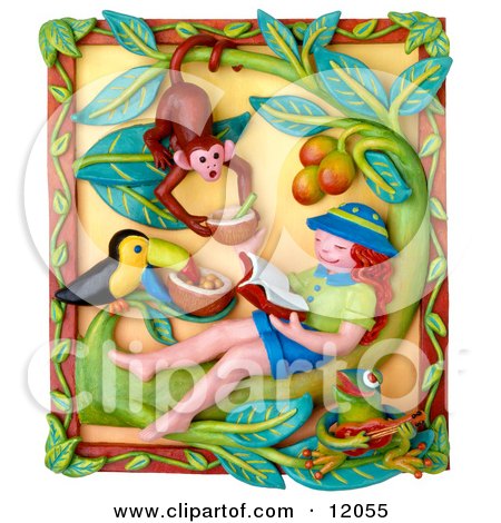 Clay Sculpture Clipart Girl Reading A Book And Imagining Shes In A Jungle With A Toucan And Monkey - Royalty Free 3d Illustration  by Amy Vangsgard