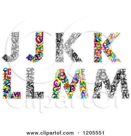 Clipart of Colorful J K L and M Made of Tiny Letters - Royalty Free Vector Illustration by Vector Tradition SM