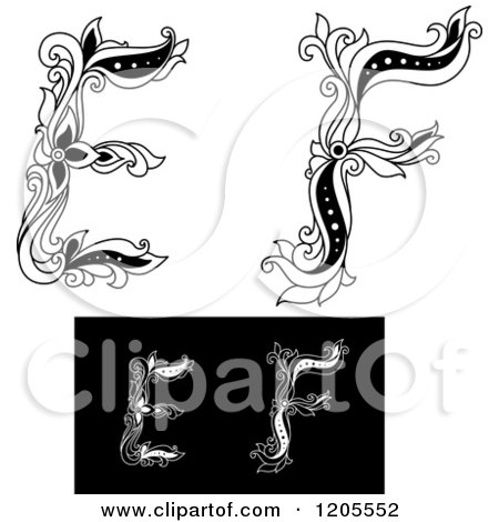 Clipart of Vintage Black and White Floral Letters E and F 2 - Royalty Free Vector Illustration by Vector Tradition SM