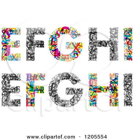 Clipart of Colorful E F G H and I Made of Tiny Letters - Royalty Free Vector Illustration by Vector Tradition SM