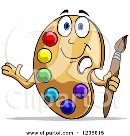 Clipart of a Happy Art Palette Mascot Presenting and Holding a Brush - Royalty Free Vector Illustration by Vector Tradition SM