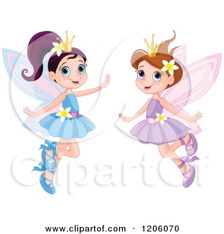 Cartoon of Happy Fairy Princesses in Blue and Purple Dresses - Royalty Free Vector Clipart by Pushkin