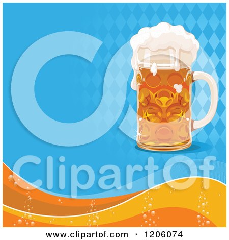 Clipart of a Frothy Oktoberfest Beer over Diamonds and Waves - Royalty Free Vector Illustration by Pushkin