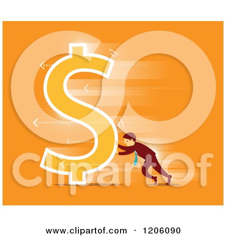 Clipart of a Retro Businessman Pushing a Dollar Symbol over Orange - Royalty Free Vector Illustration by Qiun