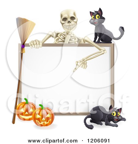 Cartoon of a Skeleton Pointing down to a Halloween Sign with Black Cats a Broomstick and Pumpkins - Royalty Free Vector Clipart by AtStockIllustration