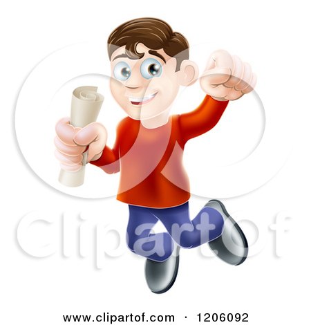 Cartoon of a Happy Young Brunette Man Jumping with a Scroll in Hand and Punching the Air - Royalty Free Vector Clipart by AtStockIllustration