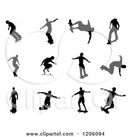 Clipart of Black Silhouetted Skateboarders - Royalty Free Vector Illustration by AtStockIllustration