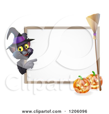 Cartoon of a Black Cat Wearing a Witch Hat and Pointing to a Halloween Sign with Pumpkins and a Broomstick - Royalty Free Vector Clipart by AtStockIllustration