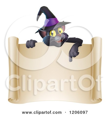 Cartoon of a Black Cat Wearing a Witch Hat and Pointing down at a Halloween Scroll Sign - Royalty Free Vector Clipart by AtStockIllustration