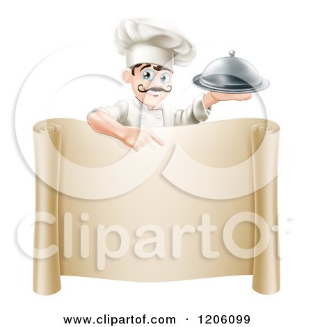 Cartoon of a Happy Young Chef with a Mustache, Holding a Platter and Pointing down at a Scroll Sign - Royalty Free Vector Clipart by AtStockIllustration