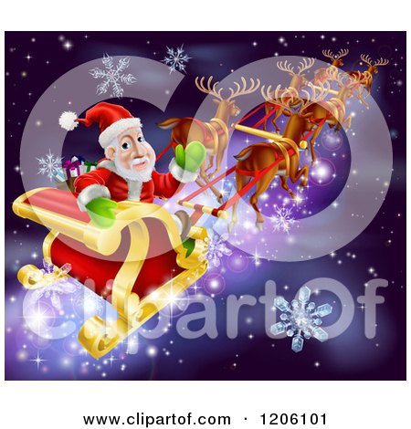 Cartoon of Santa Looking Back and Waving While Flying in His Sleigh over Snow and Stars - Royalty Free Vector Clipart by AtStockIllustration