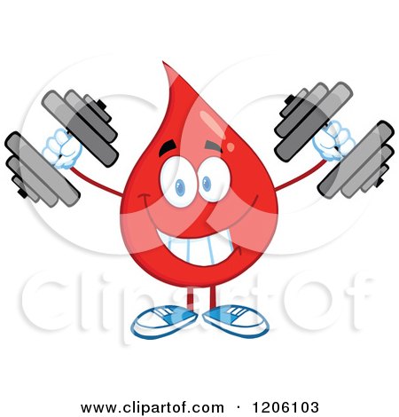 Cartoon of a Happy Blood or Hot Water Drop Lifting Dumbbells - Royalty Free Vector Clipart by Hit Toon