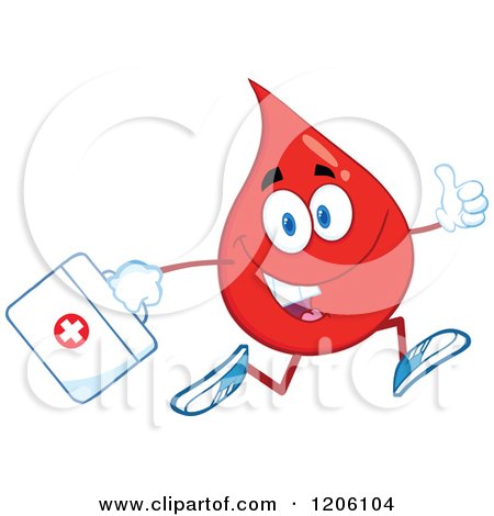 Cartoon of a Happy Blood Drop Running with a First Aid Kit - Royalty Free Vector Clipart by Hit Toon