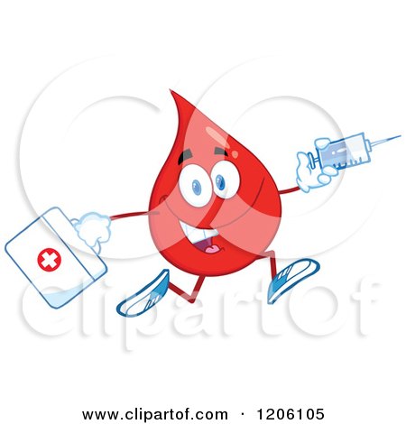 Cartoon of a Happy Blood Drop Running with a First Aid Kit and Syringe - Royalty Free Vector Clipart by Hit Toon