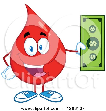 Cartoon of a Happy Blood or Hot Water Drop Holding a Dollar Bill - Royalty Free Vector Clipart by Hit Toon