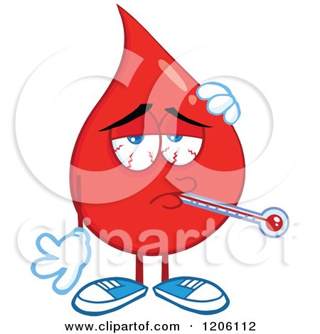 Cartoon of a Sick Blood or Hot Water Drop with a Thermometer - Royalty Free Vector Clipart by Hit Toon