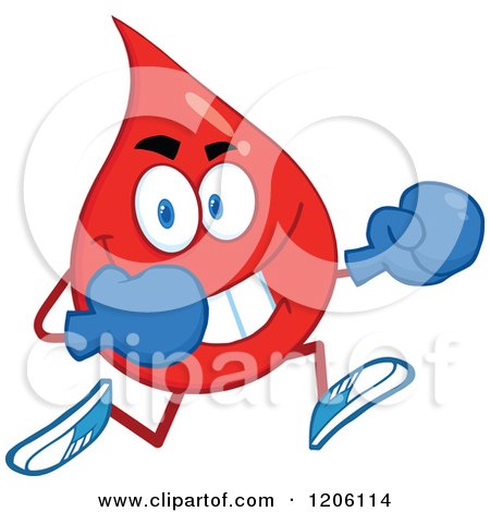 Cartoon of a Happy Blood or Hot Water Drop Running in Boxing Gloves - Royalty Free Vector Clipart by Hit Toon