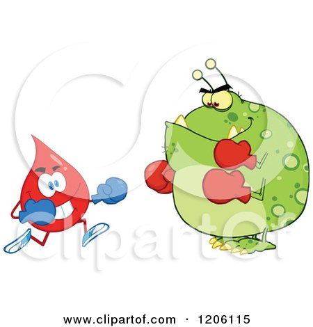 Cartoon of a Blood or Hot Water Drop Boxer Fighting a Germ - Royalty Free Vector Clipart by Hit Toon