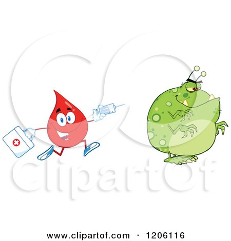 Cartoon of a Happy Blood or Hot Water Drop Chasing a Virus with a Syringe - Royalty Free Vector Clipart by Hit Toon