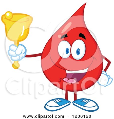 Cartoon of a Happy Blood or Hot Water Drop Ringing a Bell - Royalty Free Vector Clipart by Hit Toon