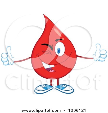 Cartoon of a Happy Blood or Hot Water Drop Winking and Holding Two Thumbs up - Royalty Free Vector Clipart by Hit Toon