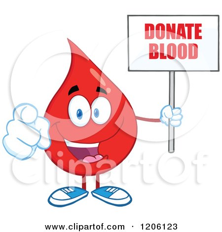 Cartoon of a Happy Blood Drop Holding a Donate Sign - Royalty Free Vector Clipart by Hit Toon