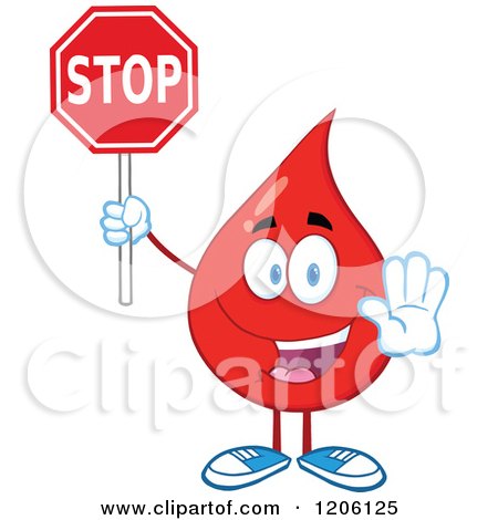 Cartoon of a Happy Blood or Hot Water Drop Holding a Stop Sign - Royalty Free Vector Clipart by Hit Toon