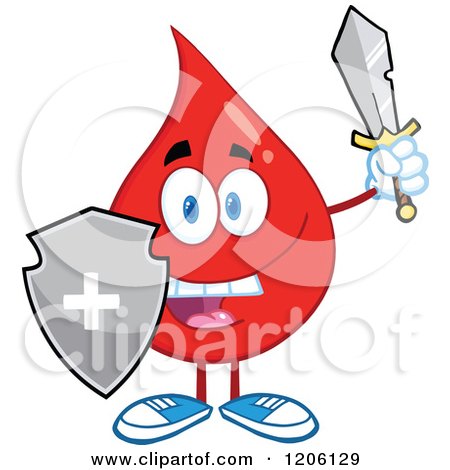 Cartoon of a Happy Blood or Hot Water Drop with a Shield and Sword - Royalty Free Vector Clipart by Hit Toon