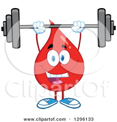 Cartoon of a Happy Blood or Hot Water Drop Lifting a Barbell - Royalty Free Vector Clipart by Hit Toon