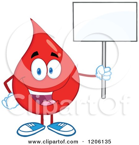 Cartoon of a Happy Blood or Hot Water Drop Holding a Sign - Royalty Free Vector Clipart by Hit Toon