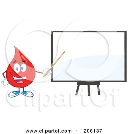 Cartoon of a Happy Blood or Hot Water Drop Pointing to a White Board - Royalty Free Vector Clipart by Hit Toon
