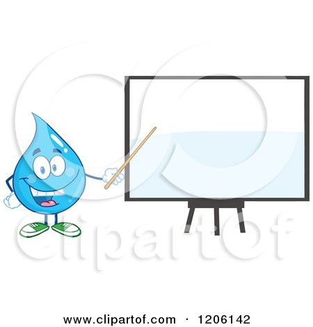 Cartoon of a Happy Blue Water Drop Pointing to a White Board - Royalty Free Vector Clipart by Hit Toon