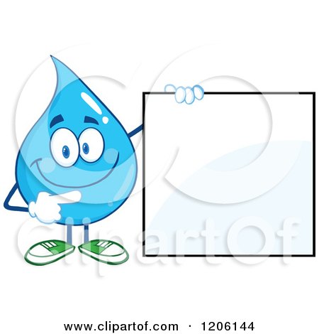 Cartoon of a Happy Blue Water Drop Pointing at and Holding a Sign - Royalty Free Vector Clipart by Hit Toon