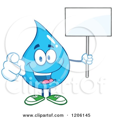 Cartoon of a Happy Blue Water Drop Pointing Outwards and Holding a Sign - Royalty Free Vector Clipart by Hit Toon