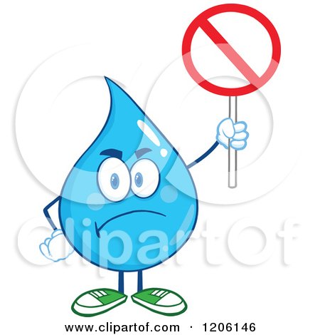 Cartoon of a Mad Blue Water Drop Holding a Prohibited Sign - Royalty Free Vector Clipart by Hit Toon