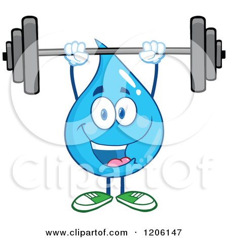 Cartoon of a Happy Blue Water Drop Lifting a Barbell Weight - Royalty Free Vector Clipart by Hit Toon