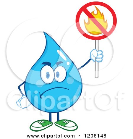 Cartoon of a Mad Blue Water Drop Holding a No Fire Sign - Royalty Free Vector Clipart by Hit Toon