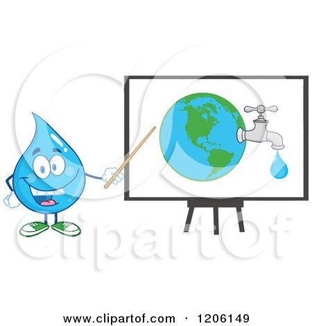 Cartoon of a Happy Blue Water Drop Pointing to a Faucet Globe on a Board - Royalty Free Vector Clipart by Hit Toon
