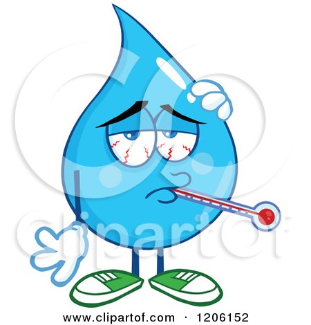 Cartoon of a Sick Blue Water Drop with a Thermometer - Royalty Free Vector Clipart by Hit Toon