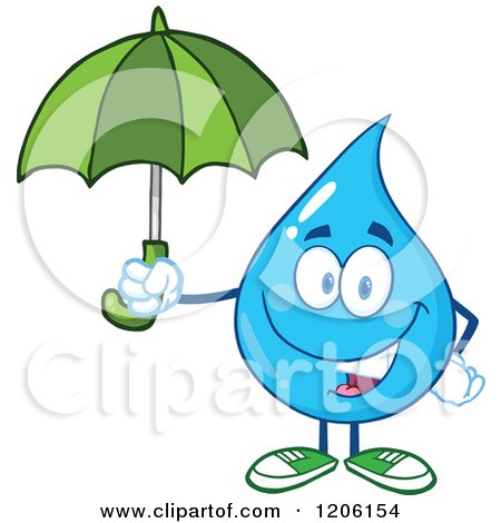 Cartoon of a Happy Blue Water Drop Holding an Umbrella - Royalty Free Vector Clipart by Hit Toon