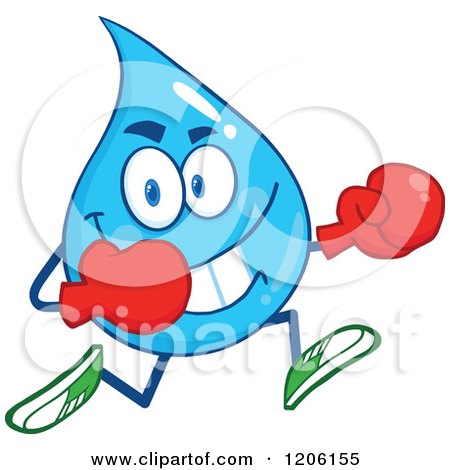 Cartoon of a Happy Blue Water Drop Running in Boxing Gloves - Royalty Free Vector Clipart by Hit Toon