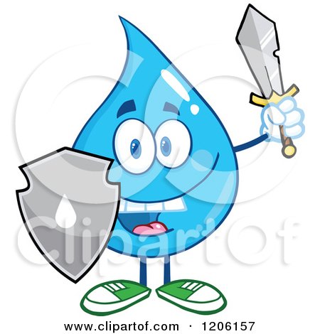 Cartoon of a Happy Blue Water Drop with a Sword and Shield - Royalty Free Vector Clipart by Hit Toon