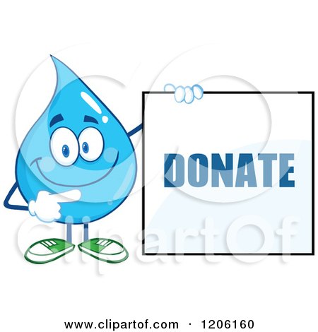 Cartoon of a Happy Blue Water Drop Holding a Donate Sign - Royalty Free Vector Clipart by Hit Toon