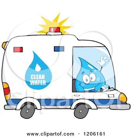 Cartoon of a Happy Blue Water Drop Driving a Clean Water Van - Royalty Free Vector Clipart by Hit Toon