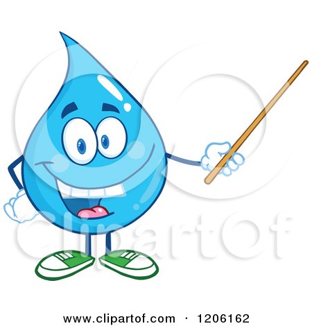 Cartoon of a Happy Blue Water Drop Holding a Pointer Stick - Royalty Free Vector Clipart by Hit Toon
