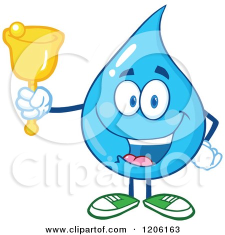 Cartoon of a Happy Blue Water Drop Ringing a Donation Bell - Royalty Free Vector Clipart by Hit Toon