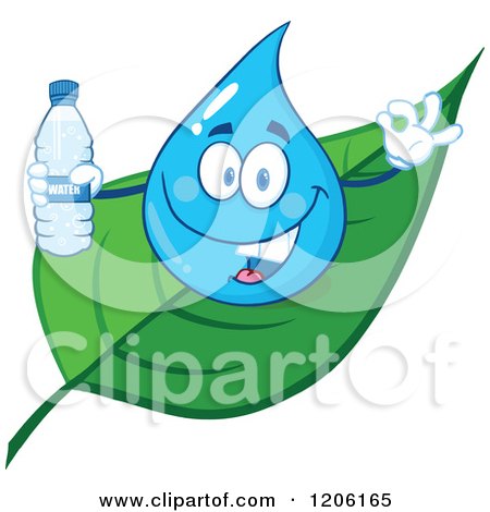 Cartoon of a Happy Blue Water Drop Holding a Bottled Water on a Leaf - Royalty Free Vector Clipart by Hit Toon