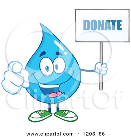 Cartoon of a Happy Blue Water Drop Holding a Donate Sign 2 - Royalty Free Vector Clipart by Hit Toon